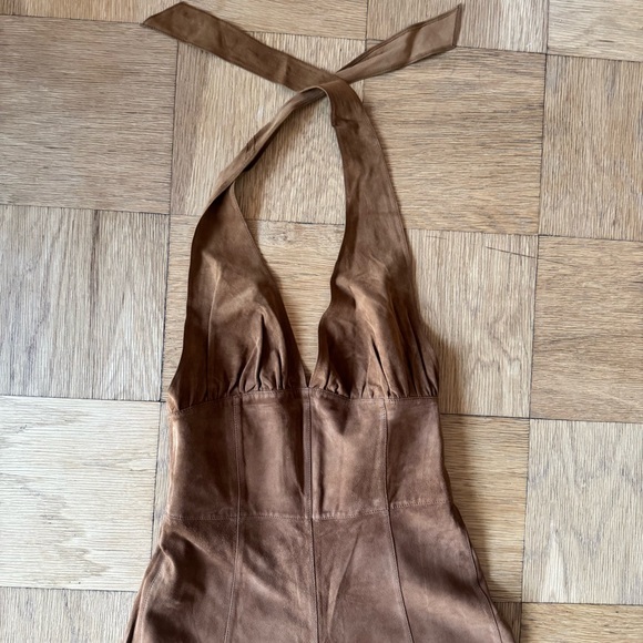 Marianne Vanderwilt Leather Suede Jumpsuit Brown Tan Halter Pants Fringe Wrap - Picture 4 of 15